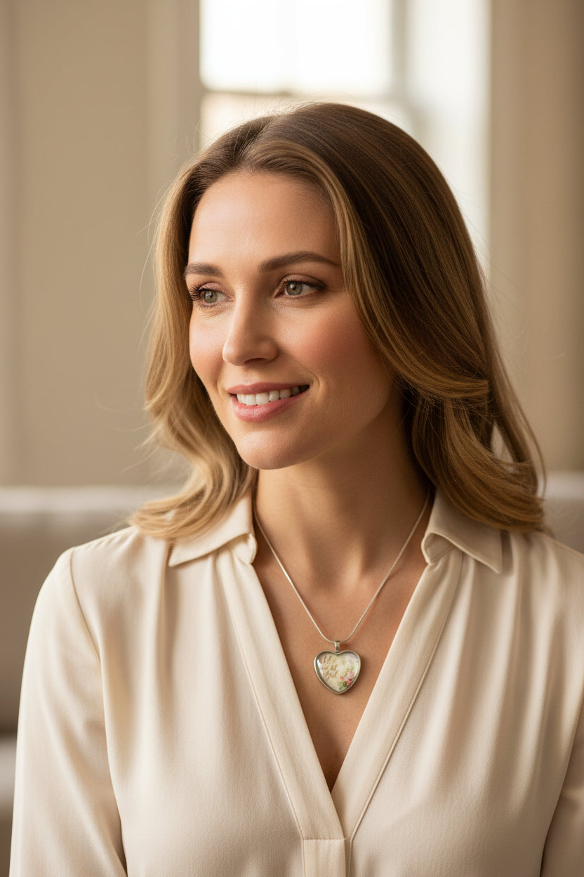 Heart-shaped pendant necklace with Let go Let God on a white background
