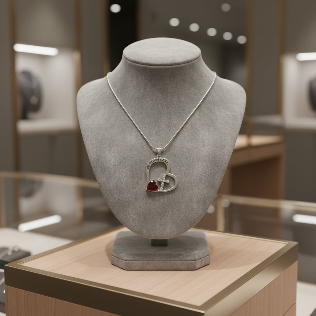 Heart-shaped pendant with a red heart and cross engraved " I am a child of God on a white background