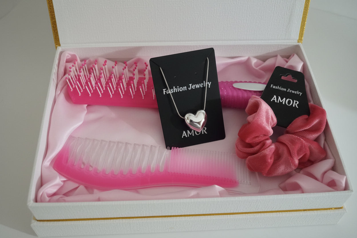 Silver Heart Necklace & Pink Hair Care Gift Set