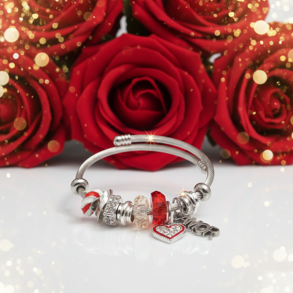 Amor Love & Faith Cable Bangle - Red Roses Glam