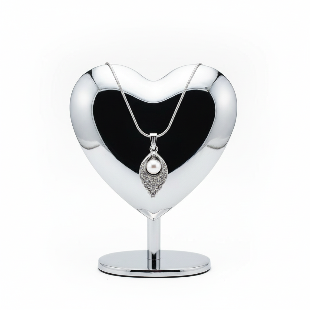 Amor Silver Pearl Necklace - Heart Display Stand