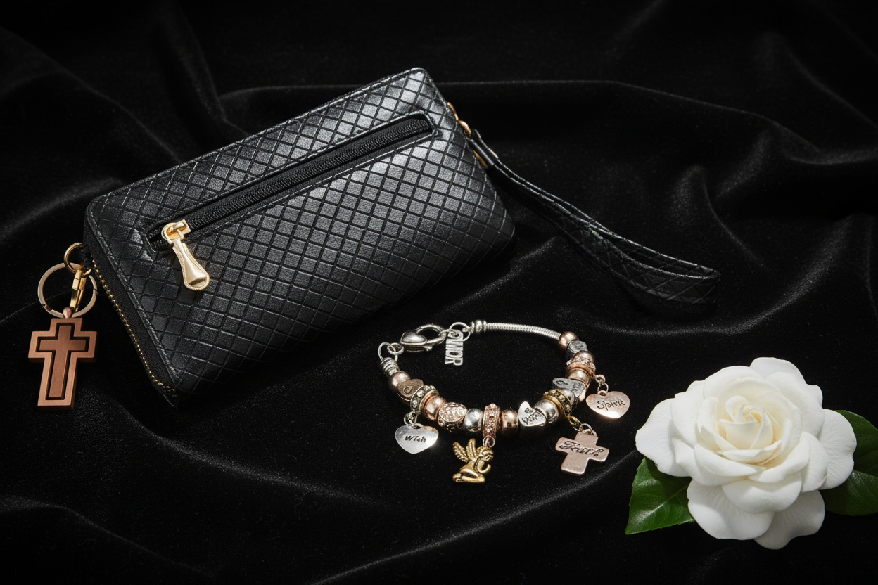 Blessed & Carried - Purse and Bracelet Flat Lay