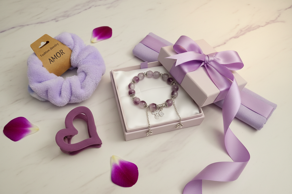 Elegant Gift Set - Bracelet, Scrunchie & Heart Clip