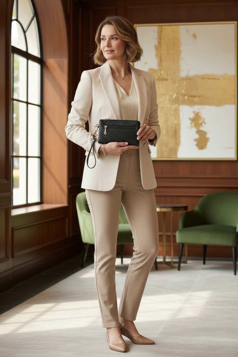 Elegant Woman in Light Outfit with Black Clutch
