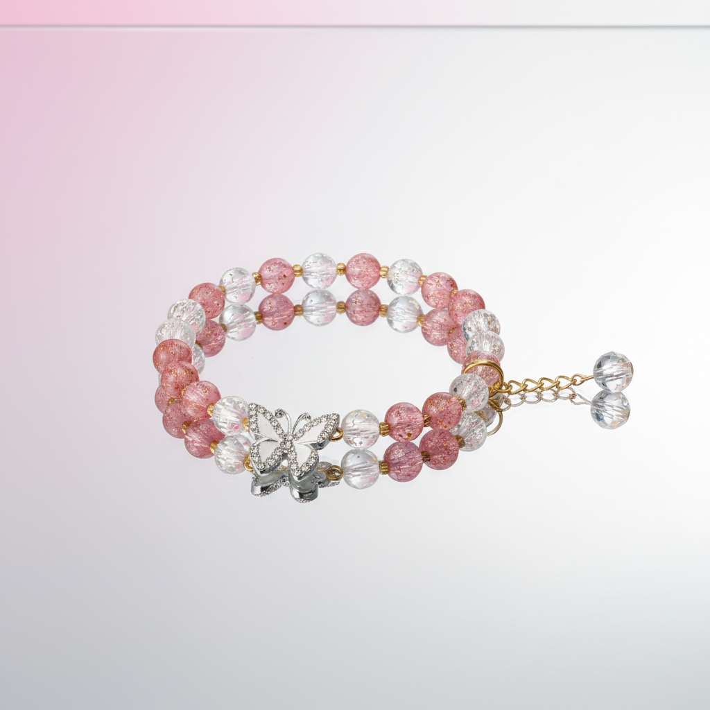 Girls Pink Crystal WHITE Butterfly Bracelet - Mirror Shot