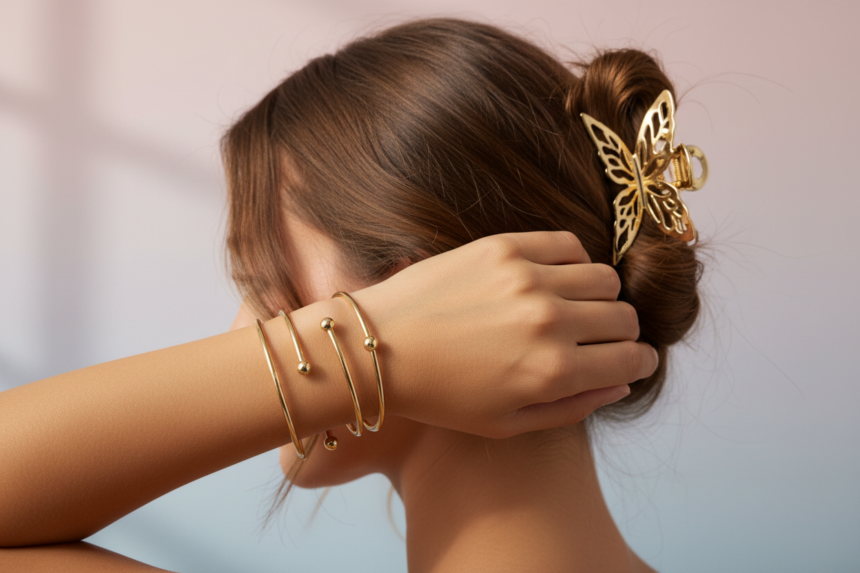 Gold Butterfly Claw Clip and Bangle Set - Lifestyle