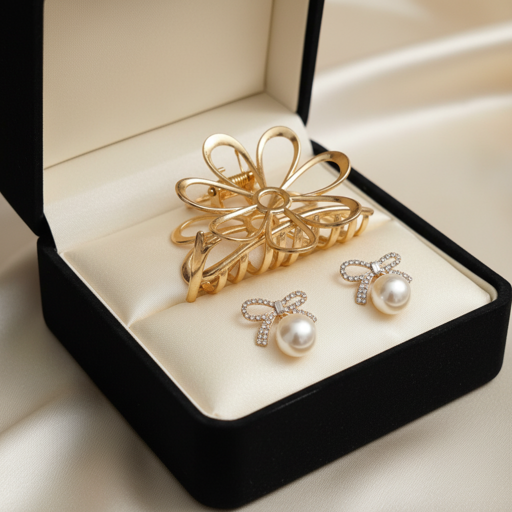 Gold Flower Clip and Pearl Bow Earring Set - Display