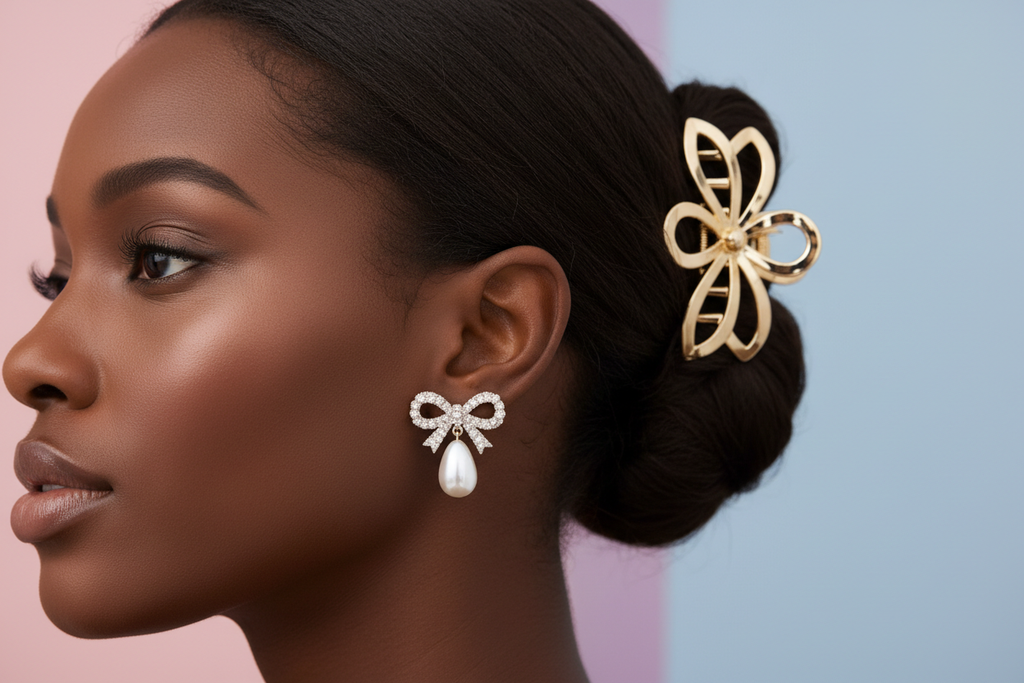 Gold Flower Clip and Pearl Bow Earring Set - Lifestyle