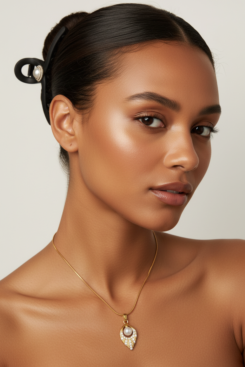 Young woman wearing pearl crystal teardrop necklace and hair clip set
