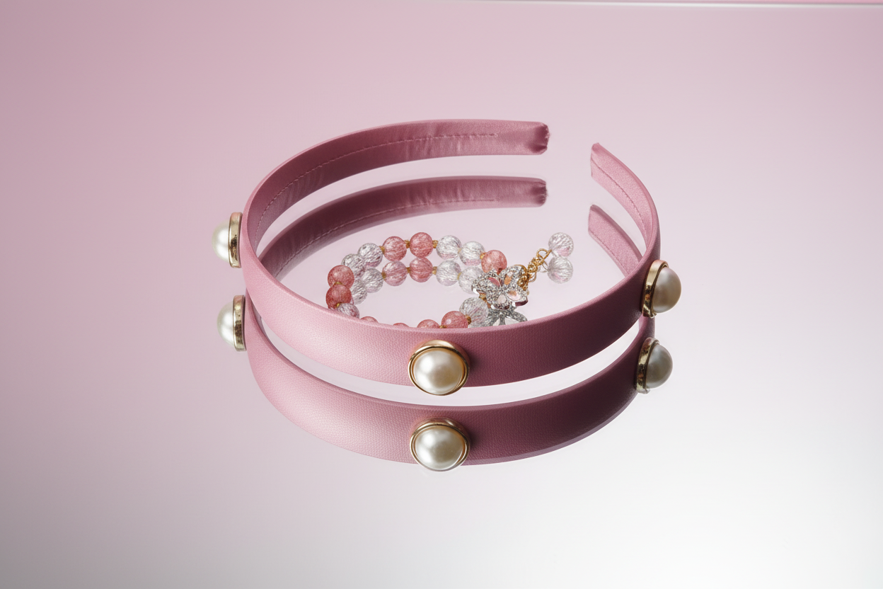 Girls pink pearl headband and white butterfly crystal bracelet gift set together