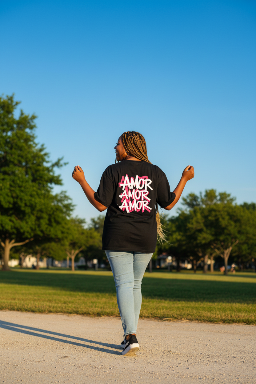 Plus Size Summer Black Amor Tee with Jeans